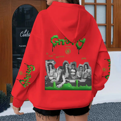 Street style katseye red grumpy hoodie with green dripping text and black and white photo print spring autumn unisex design
