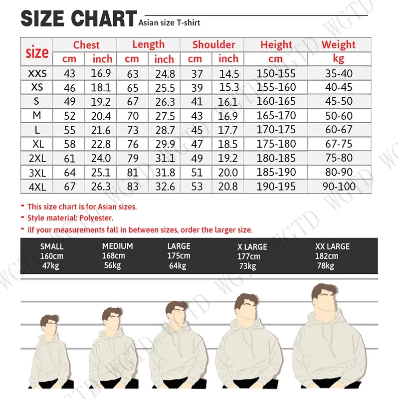 Asian size t-shirt chart with chest length shoulder height and weight in cm and inch for street style katseye hoodies spring autumn unisex