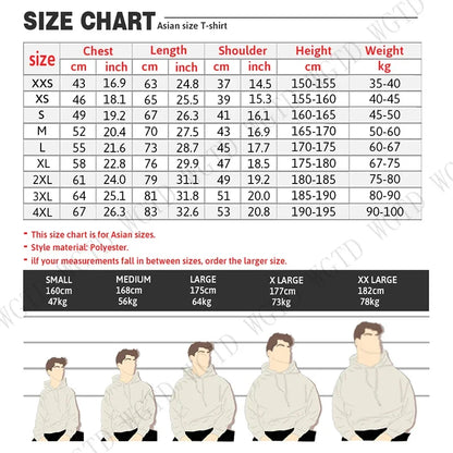 Asian size t-shirt chart with chest length shoulder height and weight in cm and inch for street style katseye hoodies spring autumn unisex