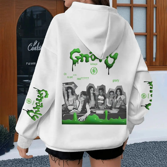 White street style katseye hoodie with green gnarly graphic and matching sleeve text for spring autumn unisex wear