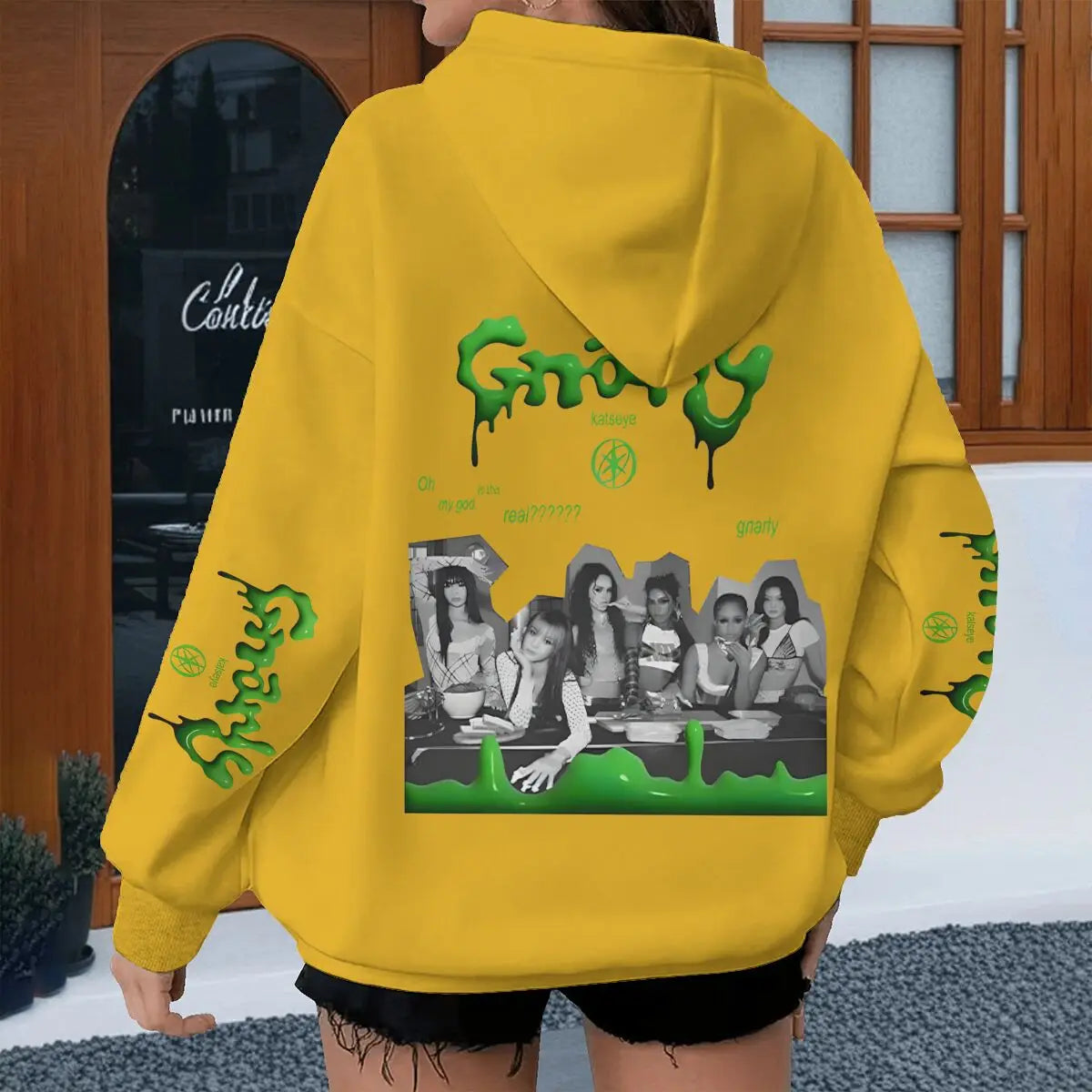 Bright yellow street style katseye hoodie with green dripping gracy graphic and band katseye streetwear text on sleeves