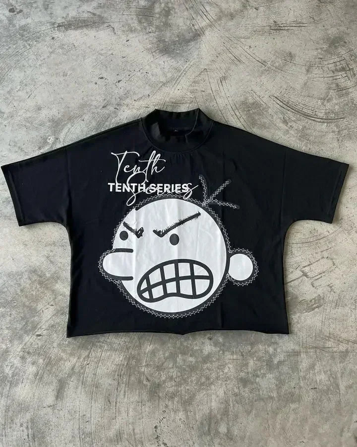 Black cotton short sleeve streetwear boy scout shirt y2k clothing with white angry cartoon face and tenth series text
