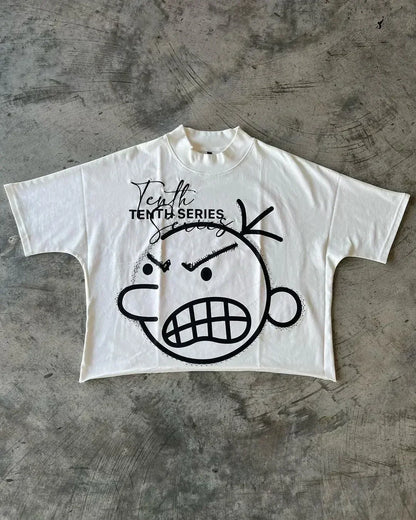 White cropped cotton t-shirt with black spray-painted cartoon face and tenth series text for shirt y2k clothing and streetwear boy scout style