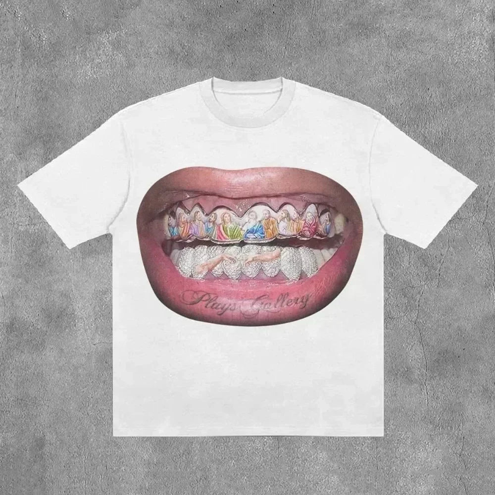 White cotton streetwear boy scout t shirt y2k clothing with jeweled lips graphic and playa gallery tattoo for gothic hip hop style