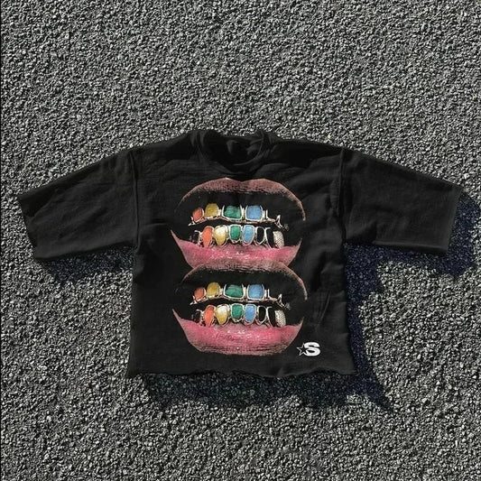Black cotton long sleeve shirt y2k clothing with bold rainbow grillz graphic for gothic hip hop streetwear boy scout style