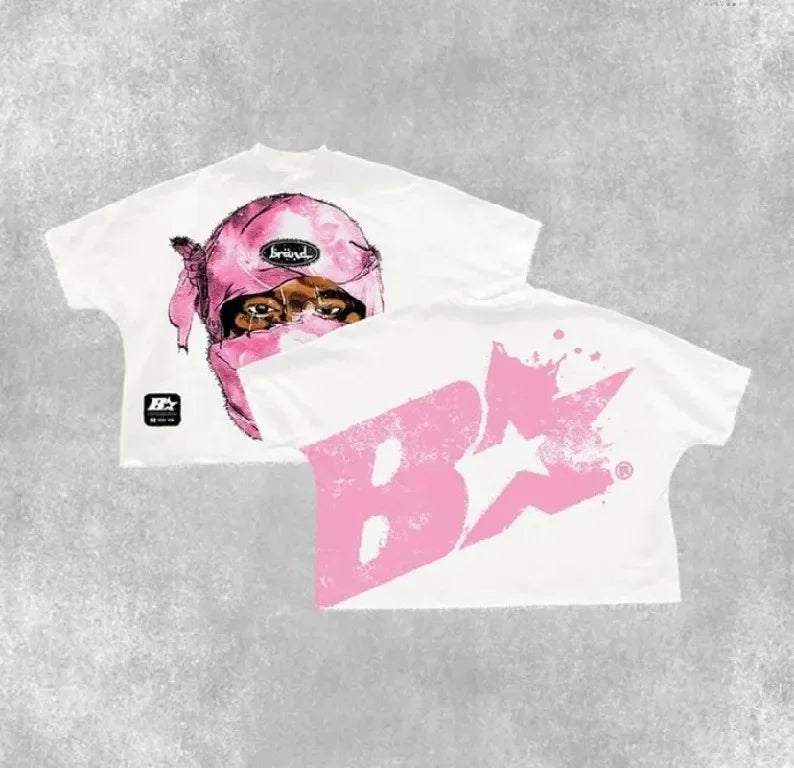 White cotton streetwear boy scout shirt y2k clothing with pink graphic and bx logo on the back for gothic hip hop style
