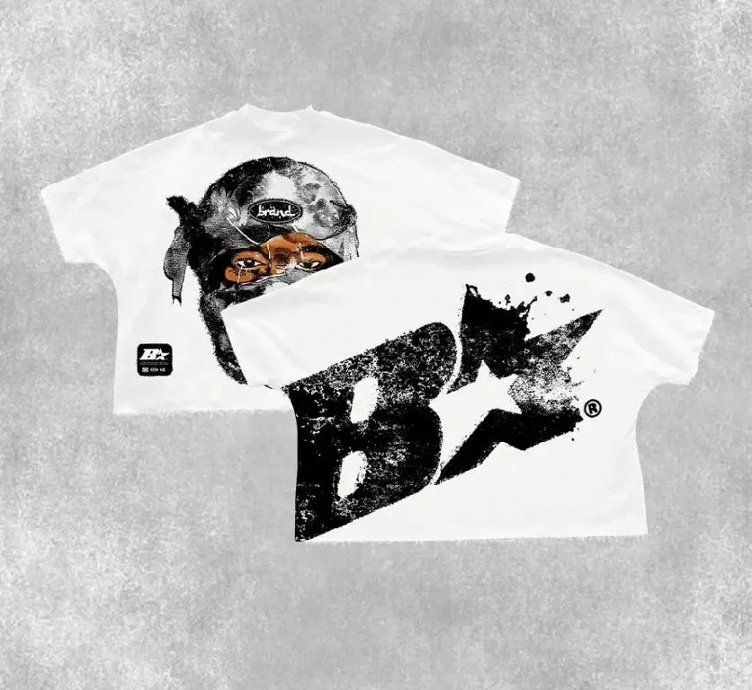 White cotton streetwear boy scout shirt y2k clothing with black and gray gothic hip hop helmet graphic and bx lettering