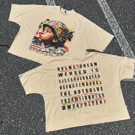 Beige oversized cotton shirt y2k clothing featuring gothic hip hop streetwear boy scout graphic print and back text design