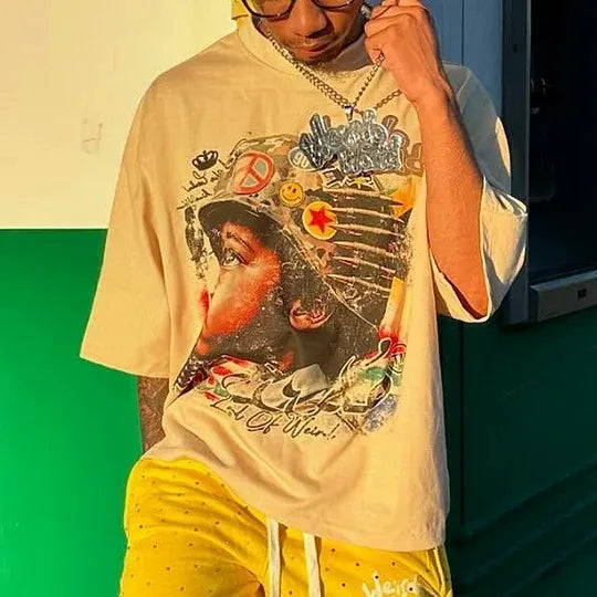 Beige oversized cotton streetwear boy scout graphic t shirt y2k clothing with gothic hip hop print and peace symbols
