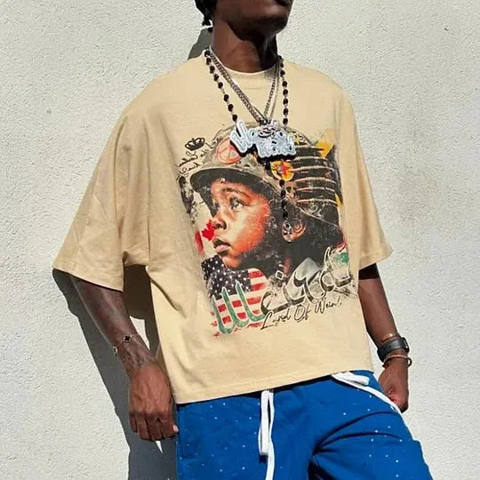 Beige oversized cotton shirt y2k clothing featuring streetwear boy scout graphic with american flag and gothic hip hop style