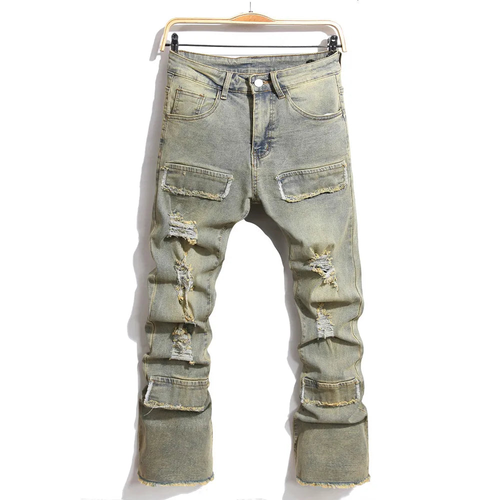 Distressed light-wash denim streetwear retro style spliced slim jeans with hip hop holes and multiple patch pockets