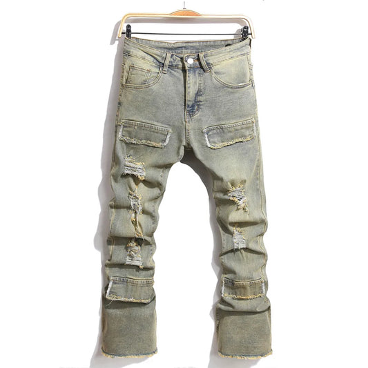 Distressed light-wash denim streetwear retro style spliced slim jeans with hip hop holes and multiple patch pockets