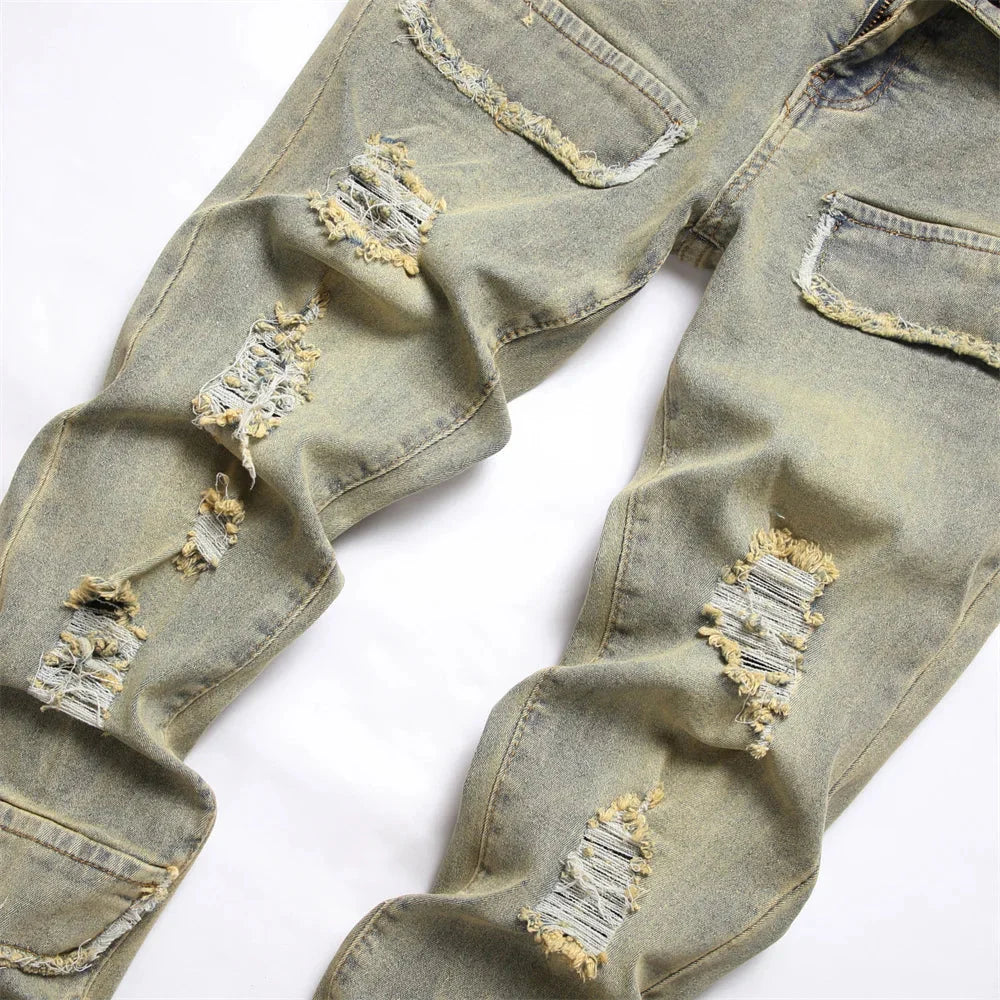 Distressed olive green denim streetwear retro style spliced slim jeans with hip hop holes on thighs and knees for men