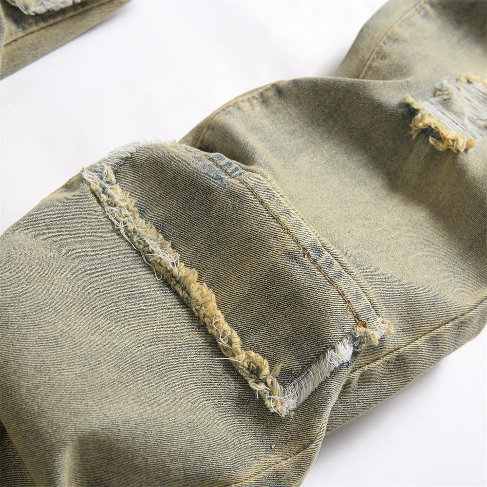 Distressed olive green denim streetwear retro style spliced slim jeans with frayed hip hop holes on pocket