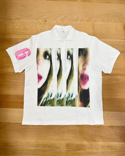 White short-sleeved streetwear shirt y2k featuring bold fragmented portrait print and bright pink logo on sleeve