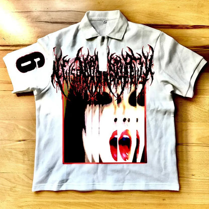 White polo streetwear shirt y2k clothing with black and red screaming face graphic and stylized text for hip hop fashion