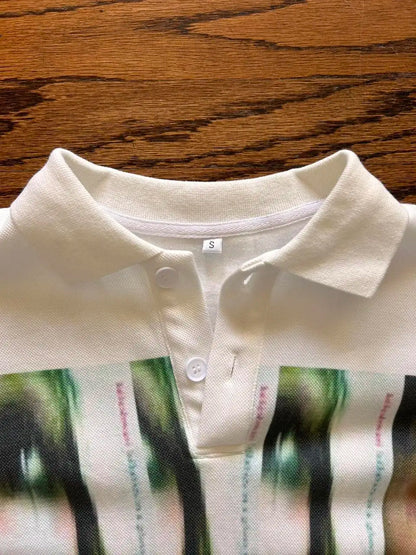 White polo streetwear shirt y2k with bold green black and pink abstract graphic print for hip hop fashion