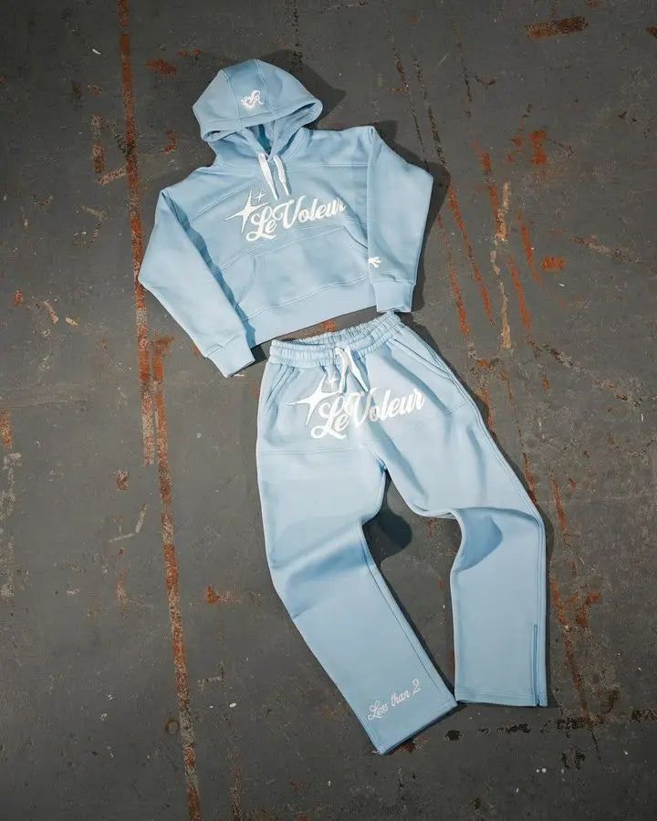 Light blue le voleur cropped hoodie and joggers set y2k clothes mens with white embroidered branding for casual wear