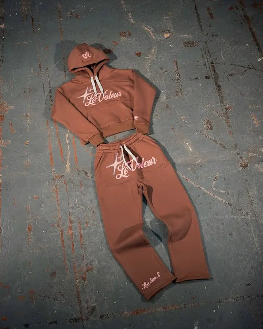 Brown le voleur brown set y2k clothes mens oversized hoodie and sweatpants with white embroidered branding for casual wear