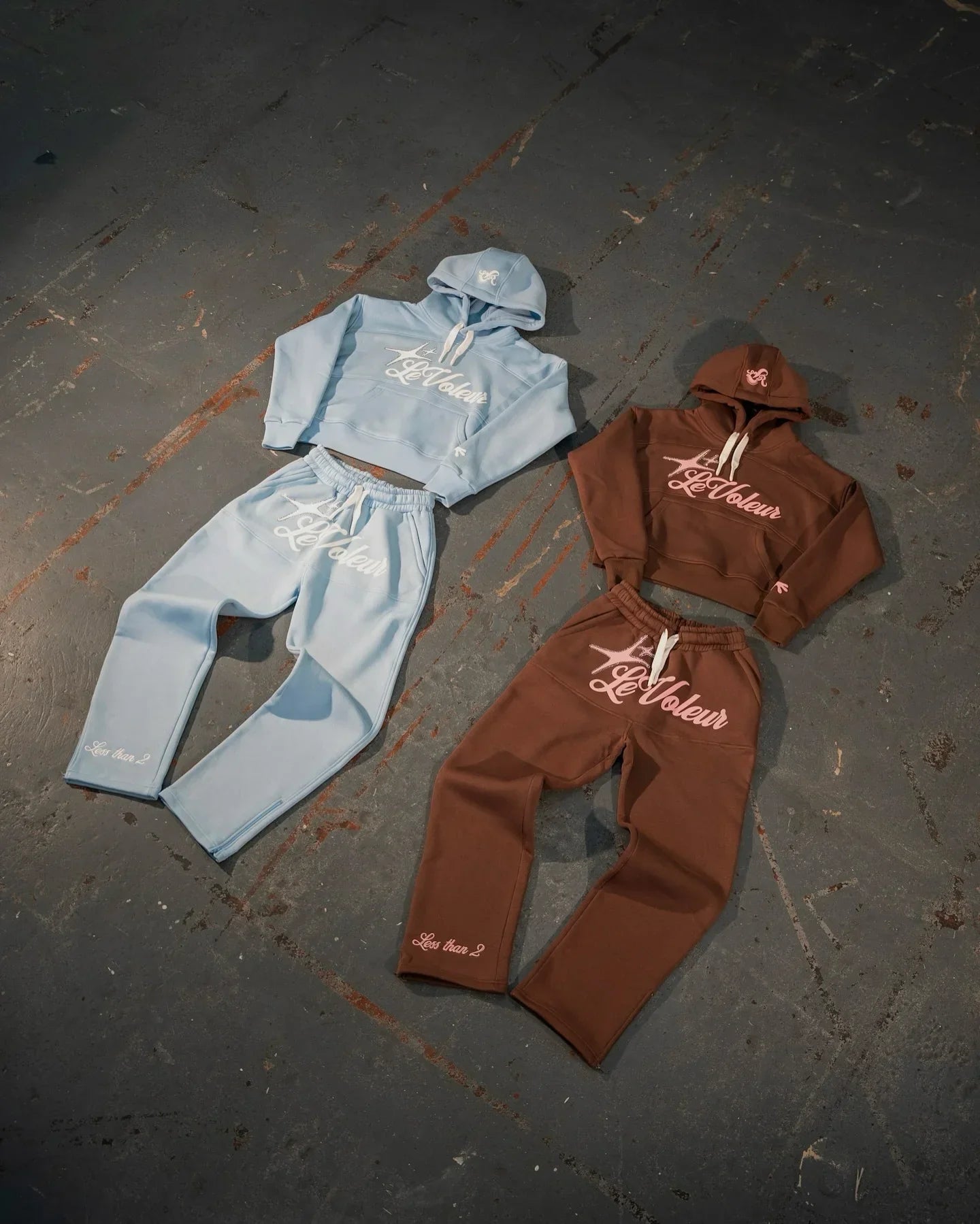 Light blue and brown le voleur piece set y2k featuring white cursive embroidery on cropped hoodie and sweatpants