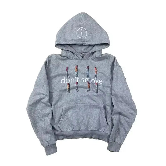 Streetwear vintage grey hoodie y2k with white dont smoke graphic and cigarette illustrations womens hip hop style