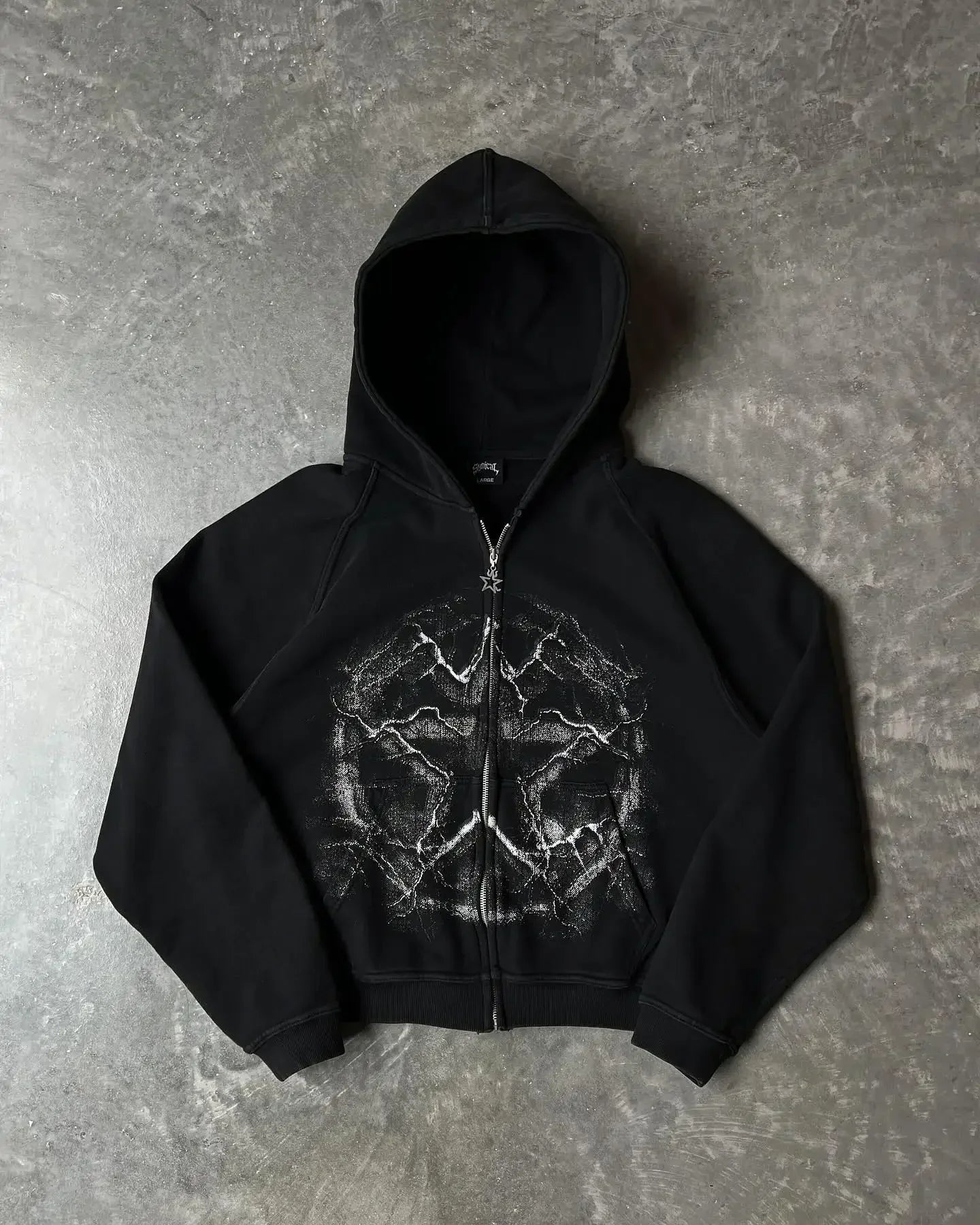 Black zip hoodie y2k with distressed white skull and lightning bolt graphic print oversized streetwear zip hoodie