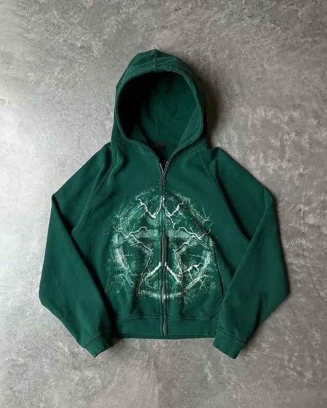 Dark green streetwear zip hoodie y2k with white lightning bolt graphic print oversized design for men and women