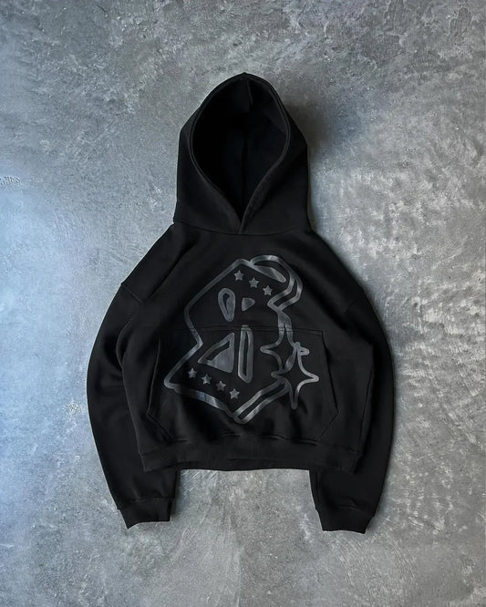 Black streetwear zip hoodie y2k with silver foil graphic print oversized stylized shield and stars design