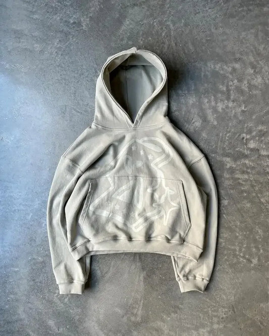 A soft light gray streetwear zip hoodie y2k with a subtle white graphic print oversized design on the front