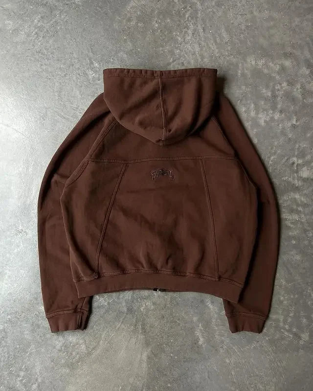 Brown streetwear zip hoodie y2k with subtle embroidered logo and oversized fit for men and women