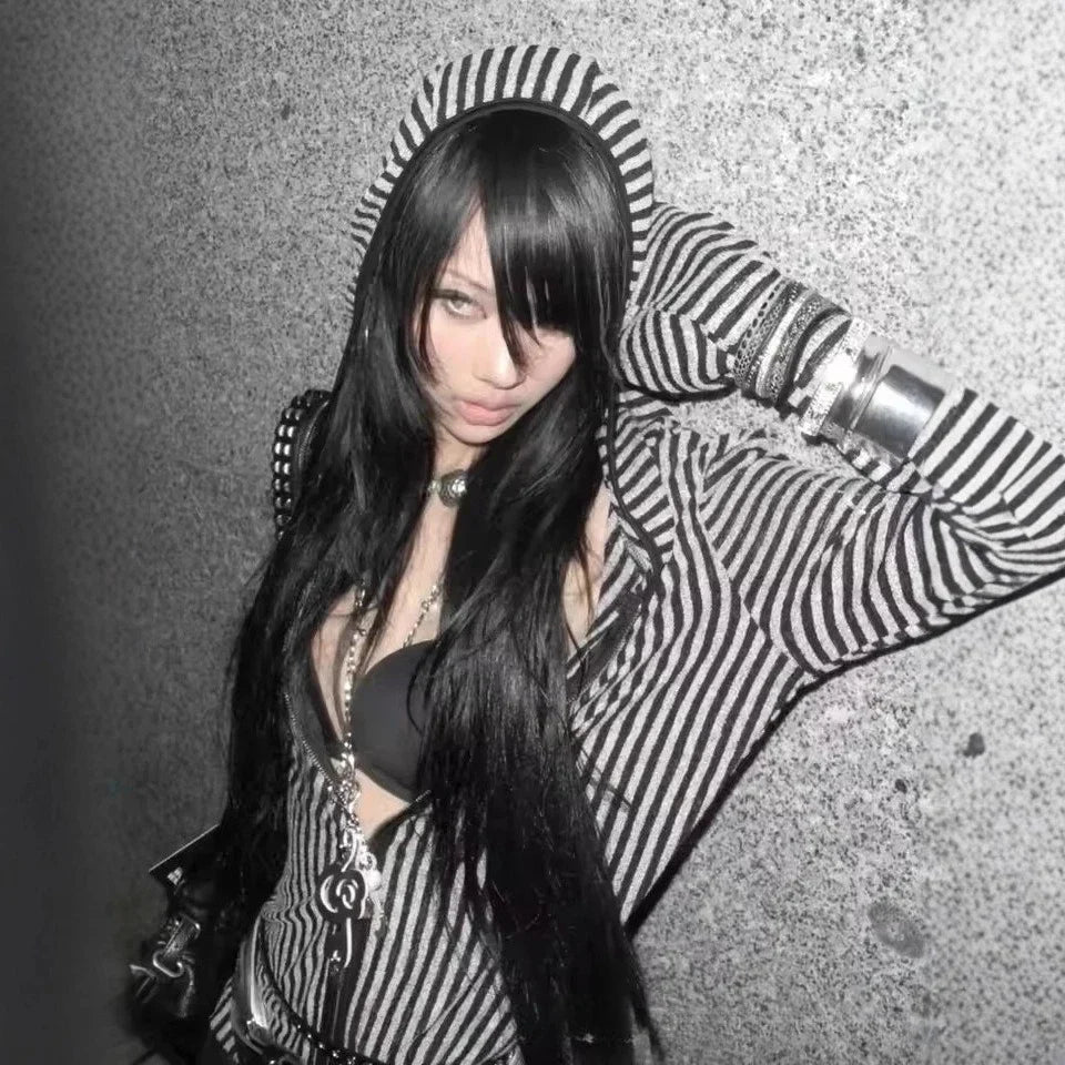 Black and white striped hooded jacket with bold pattern in stripe harajuku hip hop y2k hoodie grunge goth style