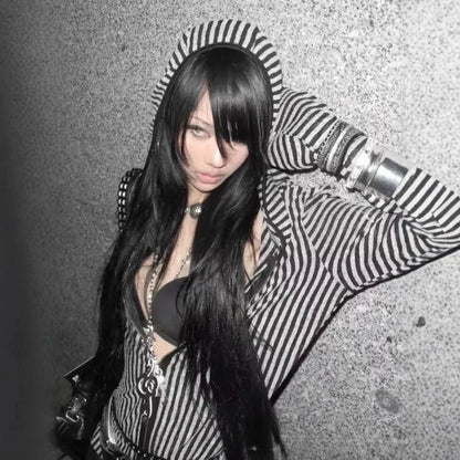 Black and white striped hooded jacket with bold pattern in stripe harajuku hip hop y2k hoodie grunge goth style