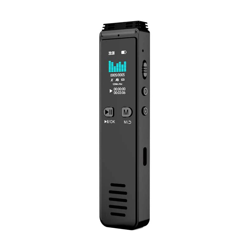 Black slim professional dictaphone voice recorder with touchscreen, bluetooth, noise reduction, and voice control features