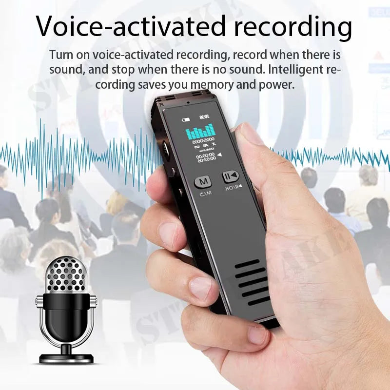 Black rectangular professional dictaphone with digital display and voice control held in hand for noise reduction recording