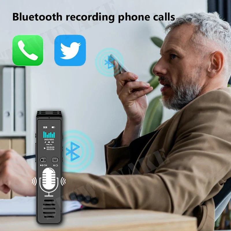 Black rectangular professional dictaphone bluetooth voice recorder with digital display microphone icon and noise reduction features