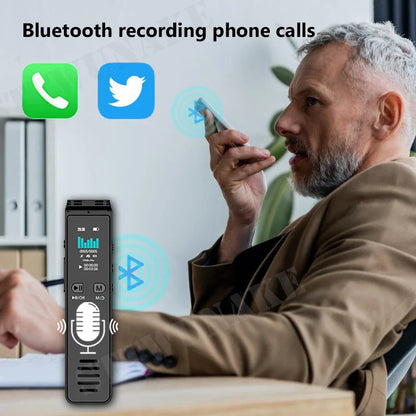 Black rectangular professional dictaphone bluetooth voice recorder with digital display microphone icon and noise reduction features