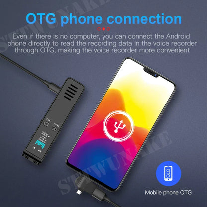 Black rectangular usb otg adapter with ventilation slits and control buttons connected to android phone for professional dictaphone with voice control and noise reduction