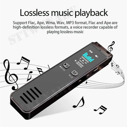 Black rectangular professional dictaphone with matte finish and display featuring noise reduction and voice control functions