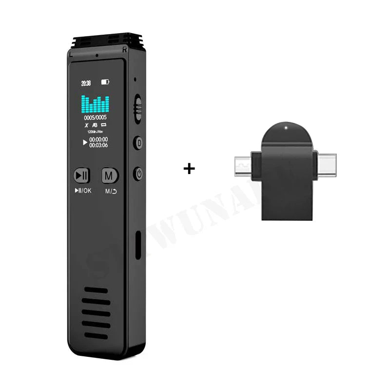 Black slim professional dictaphone with teal lcd screen and silver usb-c adapter featuring voice control and noise reduction