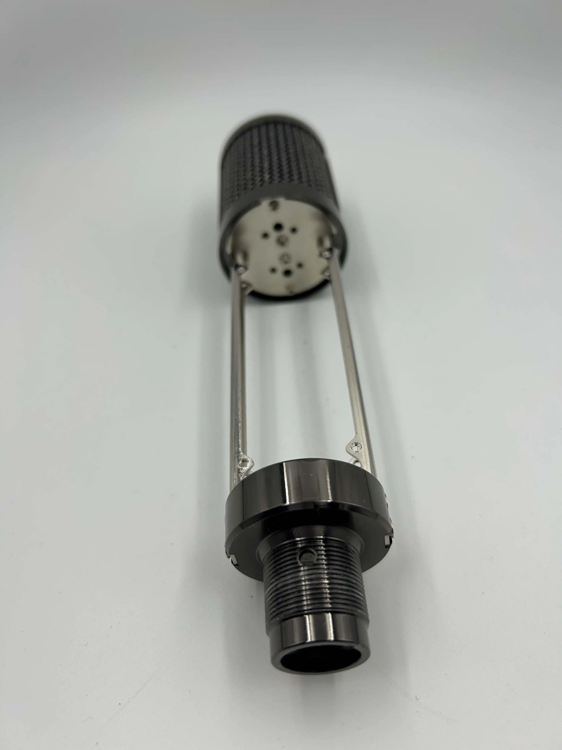 Black cylindrical studio microphone shell with ribbed top cap and threaded metallic base for diy microphone parts type beat music