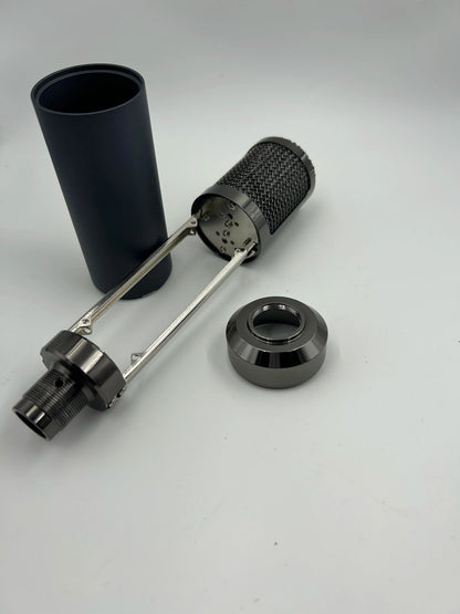 Black cylindrical studio microphone shell with mesh grille and metallic accents for diy microphone parts type beat music