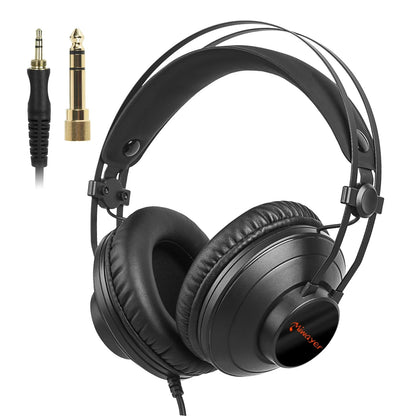 Black over ear studio monitor headphones with padded earcups and red minwayer logo for recording monitor headset use
