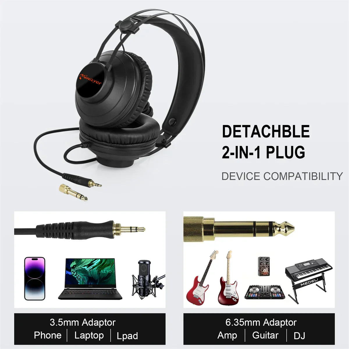 Black mpowyer studio monitor headphones wired over ear recording monitor headset with detachable 35mm and 635mm adapters for guitarcellphone mixer amp