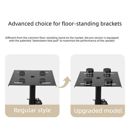 Black metal studio monitor speaker adjustable floor stand with patented dwendwen foot pad for enhanced audio performance