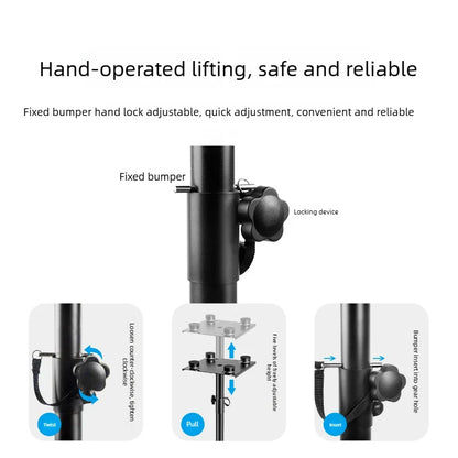 Black heavy-duty metal studio monitor speaker adjustable floor stand with hand-operated lifting and locking mechanism