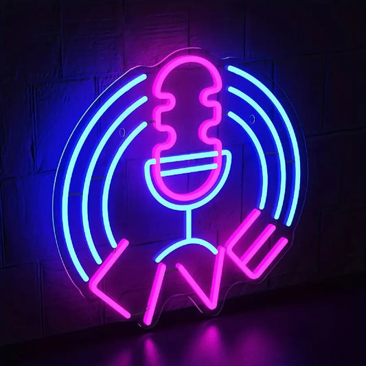 A vibrant pink and blue air neon sign microphone with live text for recording room music streaming party club decor