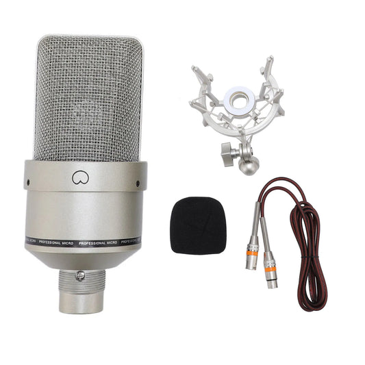 Silver zinc alloy condenser microphone with mesh grille and professional micro branding for live streaming and shock mount use