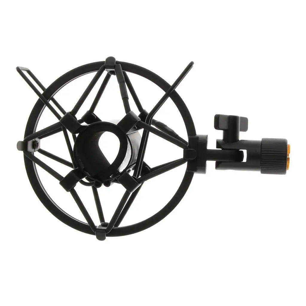 Black metal microphone shock mount with circular grid design and adjustable clamp for studio sound recording condenser mic