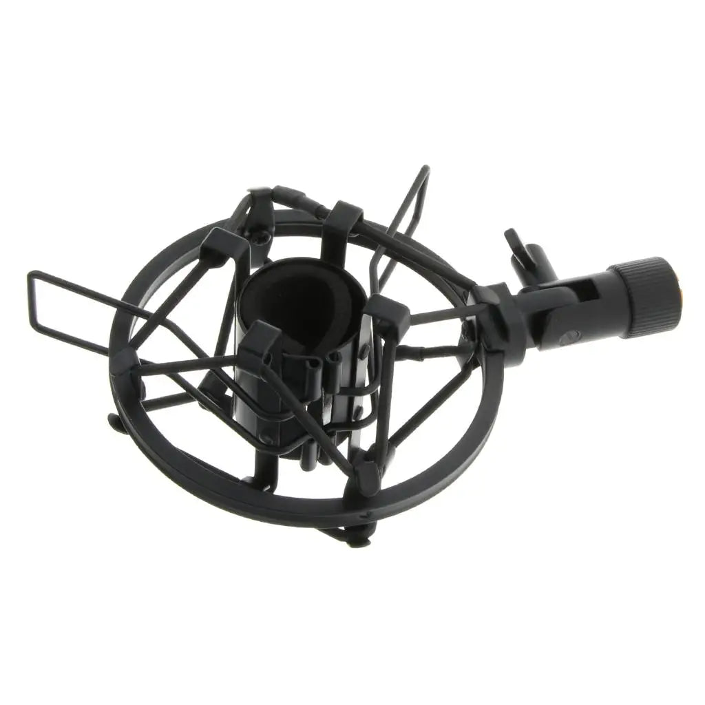 Black metal microphone shock mount with adjustable clamp and circular protective cage for studio sound recording