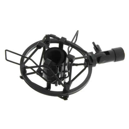 Black metal microphone shock mount stand with adjustable clamp and circular protective cage for studio sound recording